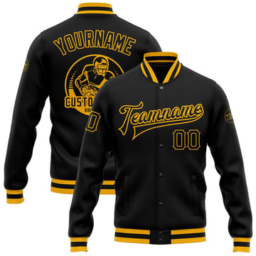 FUNSTUFFPRINT Custom Black Black-Gold Bomber Full-Snap Varsity Letterman Jacket 3D Baseball Jacket