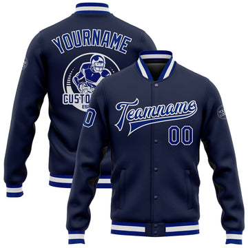 FUNSTUFFPRINT Custom Navy Royal-White Bomber Full-Snap Varsity Letterman Jacket 3D Baseball Jacket
