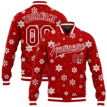 FUNSTUFFPRINT Custom Red White Christmas 3D Bomber Full-Snap Varsity Letterman Jacket 3D Baseball Jacket