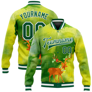 FUNSTUFFPRINT Custom Neon Green Kelly Green-Gold Christmas 3D Bomber Full-Snap Varsity Letterman Jacket 3D Baseball Jacket