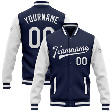 FUNSTUFFPRINT Custom Navy White Bomber Full-Snap Varsity Letterman Two Tone Jacket 3D Baseball Jacket
