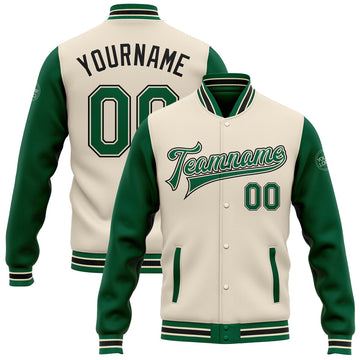 FUNSTUFFPRINT Custom Cream Kelly Green-Black Bomber Full-Snap Varsity Letterman Two Tone Jacket 3D Baseball Jacket