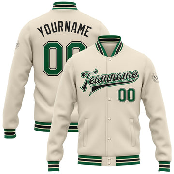 FUNSTUFFPRINT Custom Cream Kelly Green-Black Bomber Full-Snap Varsity Letterman Jacket 3D Baseball Jacket