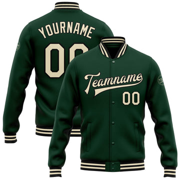 FUNSTUFFPRINT Custom Green Cream-Black Bomber Full-Snap Varsity Letterman Jacket 3D Baseball Jacket