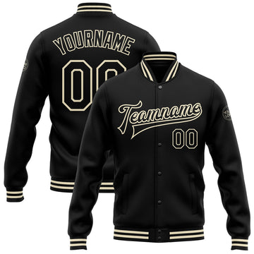 FUNSTUFFPRINT Custom Black Black-Cream Bomber Full-Snap Varsity Letterman Jacket 3D Baseball Jacket