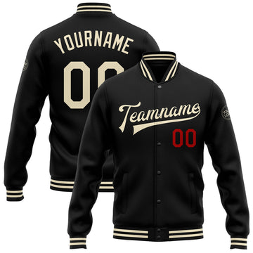FUNSTUFFPRINT Custom Black Cream-Red Bomber Full-Snap Varsity Letterman Jacket 3D Baseball Jacket