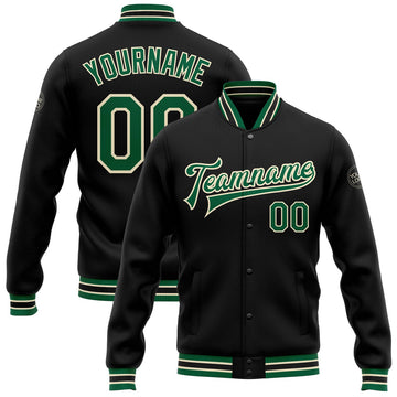 FUNSTUFFPRINT Custom Black Kelly Green-Cream Bomber Full-Snap Varsity Letterman Jacket 3D Baseball Jacket