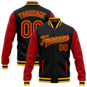 FUNSTUFFPRINT Custom Black Red-Gold Bomber Full-Snap Varsity Letterman Two Tone Jacket 3D Baseball Jacket