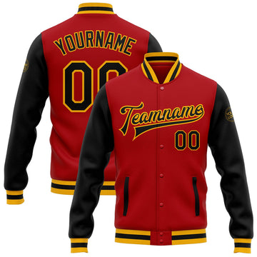 FUNSTUFFPRINT Custom Red Black-Gold Bomber Full-Snap Varsity Letterman Two Tone Jacket 3D Baseball Jacket
