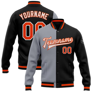 FUNSTUFFPRINT Custom Black Orange-Gray Bomber Full-Snap Varsity Letterman Split Fashion Jacket 3D Baseball Jacket