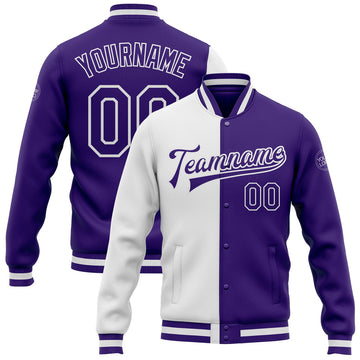 FUNSTUFFPRINT Custom White Purple Bomber Full-Snap Varsity Letterman Split Fashion Jacket 3D Baseball Jacket