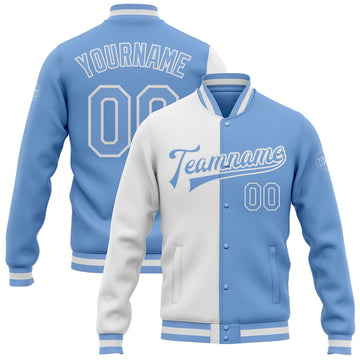 FUNSTUFFPRINT Custom White Light Blue Bomber Full-Snap Varsity Letterman Split Fashion Jacket 3D Baseball Jacket