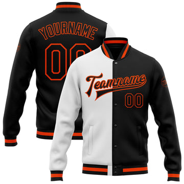 FUNSTUFFPRINT Custom White Black-Orange Bomber Full-Snap Varsity Letterman Split Fashion Jacket 3D Baseball Jacket