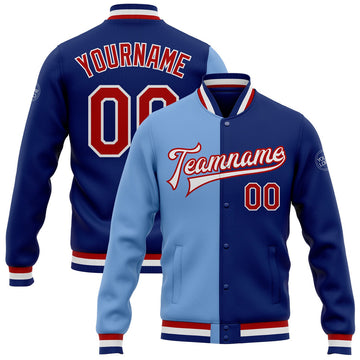 FUNSTUFFPRINT Custom Royal Red-Light Blue Bomber Full-Snap Varsity Letterman Split Fashion Jacket 3D Baseball Jacket