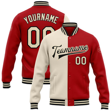 FUNSTUFFPRINT Custom Red Cream-Black Bomber Full-Snap Varsity Letterman Split Fashion Jacket 3D Baseball Jacket