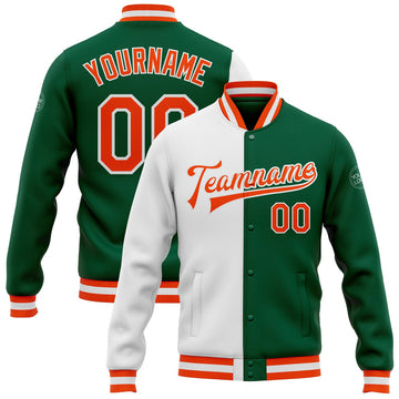 FUNSTUFFPRINT Custom Kelly Green Orange-White Bomber Full-Snap Varsity Letterman Split Fashion Jacket 3D Baseball Jacket
