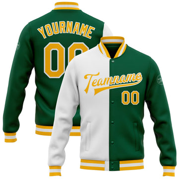 FUNSTUFFPRINT Custom Kelly Green Gold-White Bomber Full-Snap Varsity Letterman Split Fashion Jacket 3D Baseball Jacket