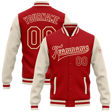 FUNSTUFFPRINT Custom Red Red-Cream Bomber Full-Snap Varsity Letterman Two Tone Jacket 3D Baseball Jacket