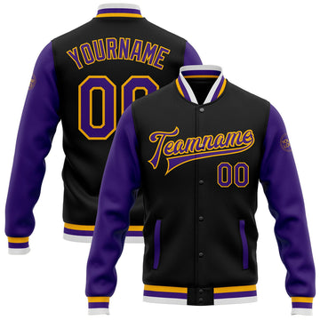 FUNSTUFFPRINT Custom Black Purple-Gold Bomber Full-Snap Varsity Letterman Two Tone Jacket 3D Baseball Jacket