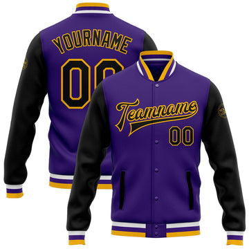 FUNSTUFFPRINT Custom Purple Black-Gold Bomber Full-Snap Varsity Letterman Two Tone Jacket 3D Baseball Jacket