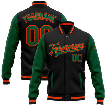 FUNSTUFFPRINT Custom Black Kelly Green-Orange Bomber Full-Snap Varsity Letterman Two Tone Jacket 3D Baseball Jacket