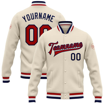 FUNSTUFFPRINT Custom Cream Red-Navy Bomber Full-Snap Varsity Letterman Jacket 3D Baseball Jacket