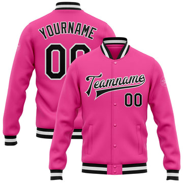 FUNSTUFFPRINT Custom Pink Black-White Bomber Full-Snap Varsity Letterman Jacket 3D Baseball Jacket