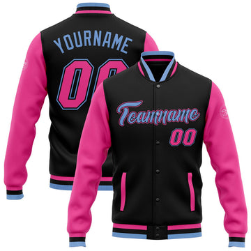 FUNSTUFFPRINT Custom Black Pink-Light Blue Bomber Full-Snap Varsity Letterman Two Tone Jacket 3D Baseball Jacket