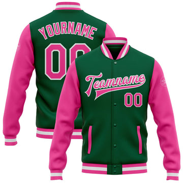 FUNSTUFFPRINT Custom Kelly Green Pink-White Bomber Full-Snap Varsity Letterman Two Tone Jacket 3D Baseball Jacket