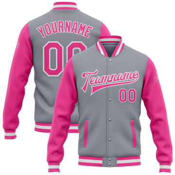 FUNSTUFFPRINT Custom Gray Pink-White Bomber Full-Snap Varsity Letterman Two Tone Jacket 3D Baseball Jacket