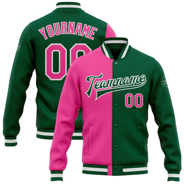 FUNSTUFFPRINT Custom Kelly Green Pink-White Bomber Full-Snap Varsity Letterman Split Fashion Jacket 3D Baseball Jacket
