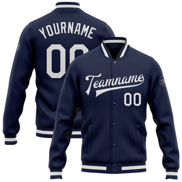 FUNSTUFFPRINT Custom Navy White Bomber Full-Snap Varsity Letterman Jacket 3D Baseball Jacket