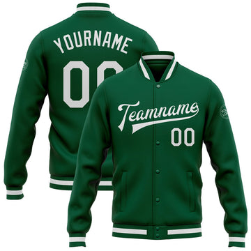 FUNSTUFFPRINT Custom Kelly Green White Bomber Full-Snap Varsity Letterman Jacket 3D Baseball Jacket