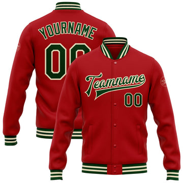 FUNSTUFFPRINT Custom Red Green-Cream Bomber Full-Snap Varsity Letterman Jacket 3D Baseball Jacket