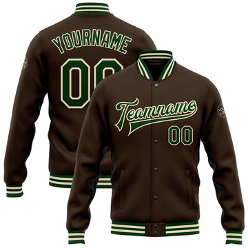 FUNSTUFFPRINT Custom Brown Green-Cream Bomber Full-Snap Varsity Letterman Jacket 3D Baseball Jacket