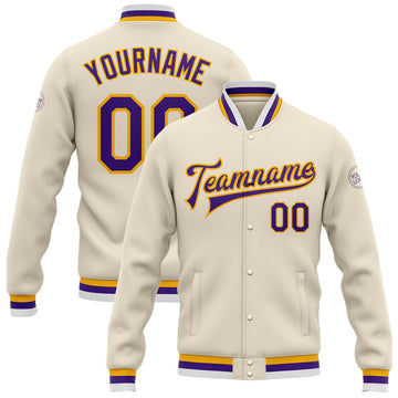 FUNSTUFFPRINT Custom Cream Purple-Gold Bomber Full-Snap Varsity Letterman Jacket 3D Baseball Jacket