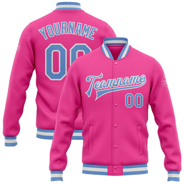 FUNSTUFFPRINT Custom Pink Light Blue-White Bomber Full-Snap Varsity Letterman Jacket 3D Baseball Jacket