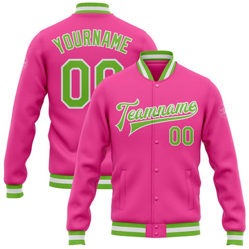 FUNSTUFFPRINT Custom Pink Neon Green-White Bomber Full-Snap Varsity Letterman Jacket 3D Baseball Jacket