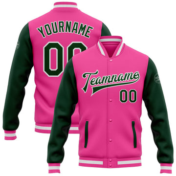 FUNSTUFFPRINT Custom Pink Green-White Bomber Full-Snap Varsity Letterman Two Tone Jacket 3D Baseball Jacket
