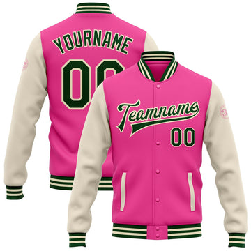 FUNSTUFFPRINT Custom Pink Green-Cream Bomber Full-Snap Varsity Letterman Two Tone Jacket 3D Baseball Jacket