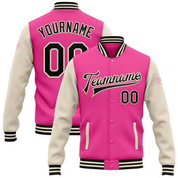 FUNSTUFFPRINT Custom Pink Black-Cream Bomber Full-Snap Varsity Letterman Two Tone Jacket 3D Baseball Jacket