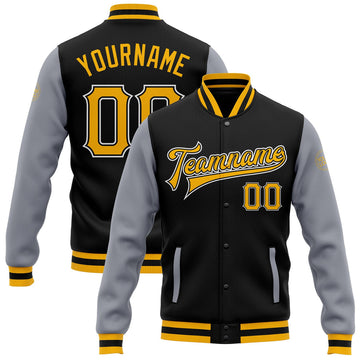 FUNSTUFFPRINT Custom Black Gold-Gray Bomber Full-Snap Varsity Letterman Two Tone Jacket 3D Baseball Jacket
