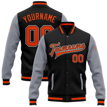FUNSTUFFPRINT Custom Black Orange-Gray Bomber Full-Snap Varsity Letterman Two Tone Jacket 3D Baseball Jacket