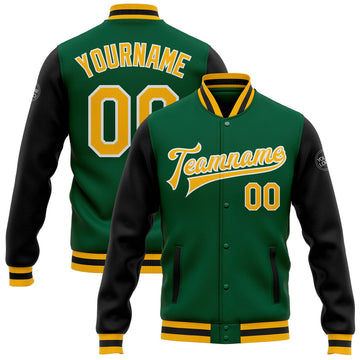 FUNSTUFFPRINT Custom Kelly Green Gold-White Bomber Full-Snap Varsity Letterman Two Tone Jacket 3D Baseball Jacket
