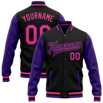 FUNSTUFFPRINT Custom Black Pink-Purple Bomber Full-Snap Varsity Letterman Two Tone Jacket 3D Baseball Jacket