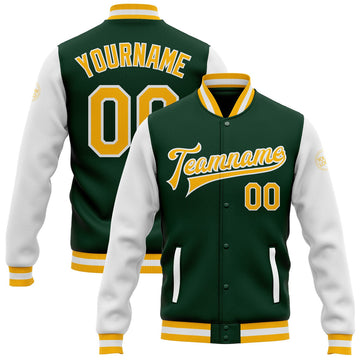 FUNSTUFFPRINT Custom Green Gold-White Bomber Full-Snap Varsity Letterman Two Tone Jacket 3D Baseball Jacket