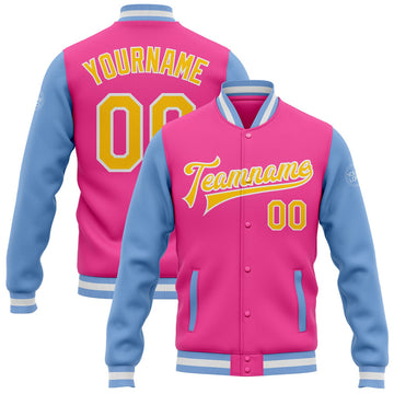 FUNSTUFFPRINT Custom Pink Yellow-Light Blue Bomber Full-Snap Varsity Letterman Two Tone Jacket 3D Baseball Jacket