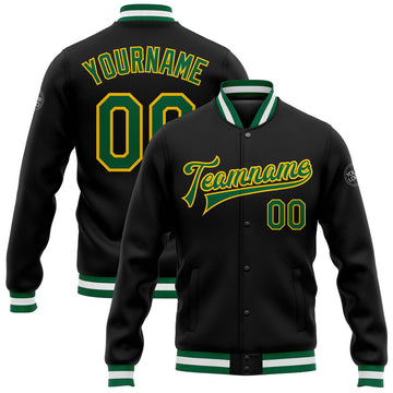 FUNSTUFFPRINT Custom Black Kelly Green-Yellow Bomber Full-Snap Varsity Letterman Jacket 3D Baseball Jacket
