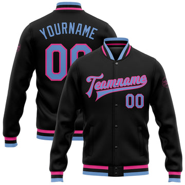 FUNSTUFFPRINT Custom Black Light Blue-Pink Bomber Full-Snap Varsity Letterman Jacket 3D Baseball Jacket