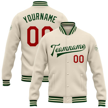 FUNSTUFFPRINT Custom Cream Red-Green Bomber Full-Snap Varsity Letterman Jacket 3D Baseball Jacket